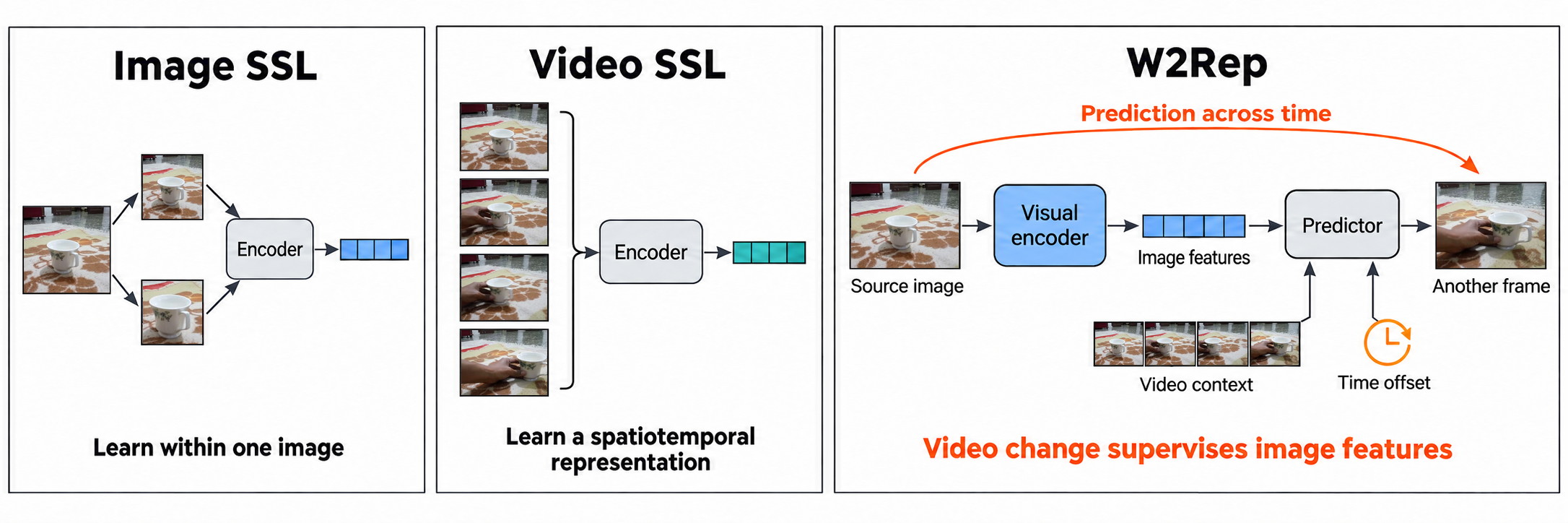Comparison of image self-supervision, video self-supervision, and W2Rep